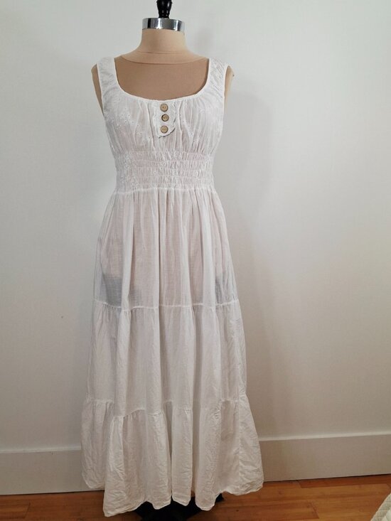 Boho XL White Embroidered Cotton Peasant Tiered Maxi Dress Smocked Stretch Waist - Picture 2 of 13